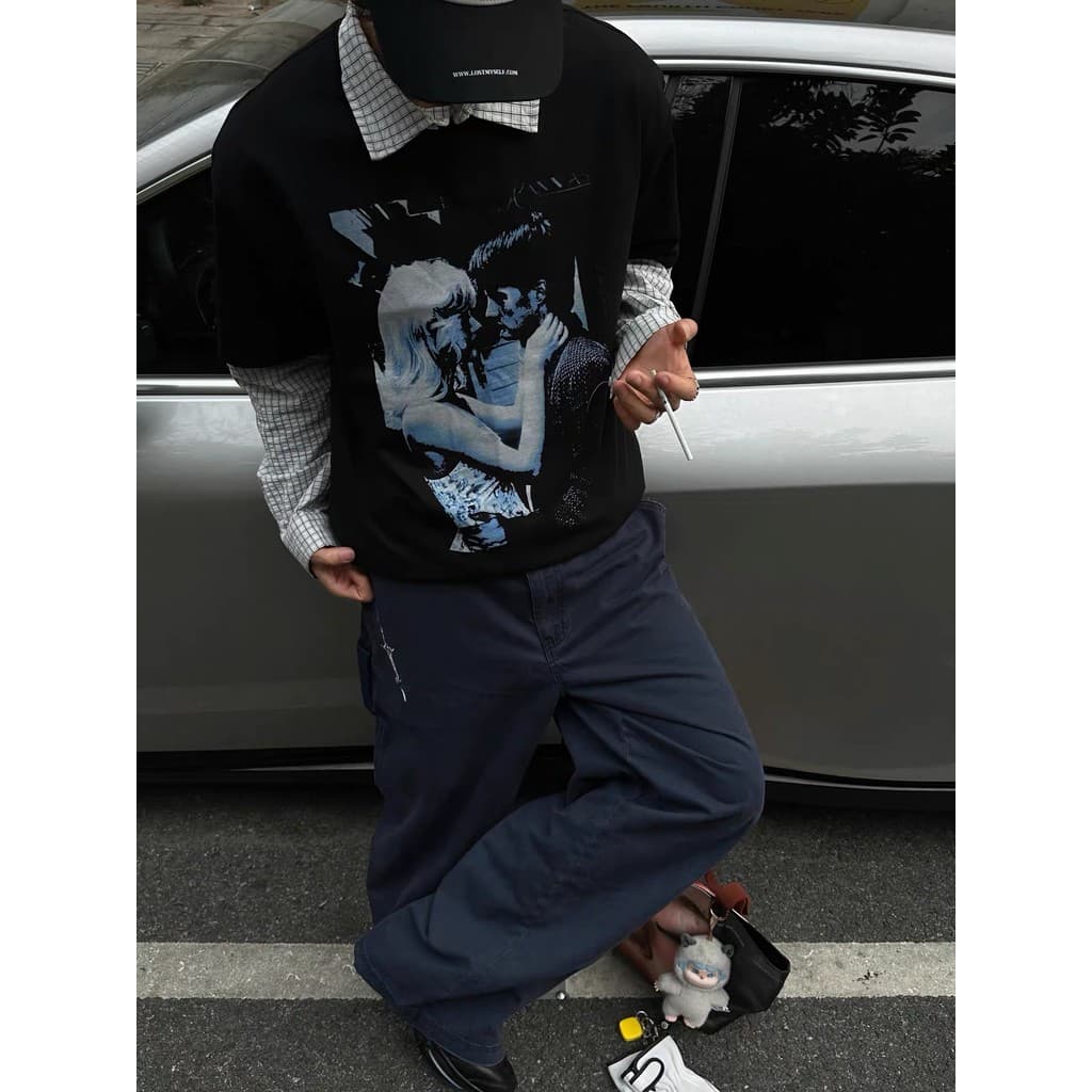 American Blues Kiss Two-Birthday Limited Solona Impressão Digital Gola Redonda Casual All-Match Camiseta de Manga Curta