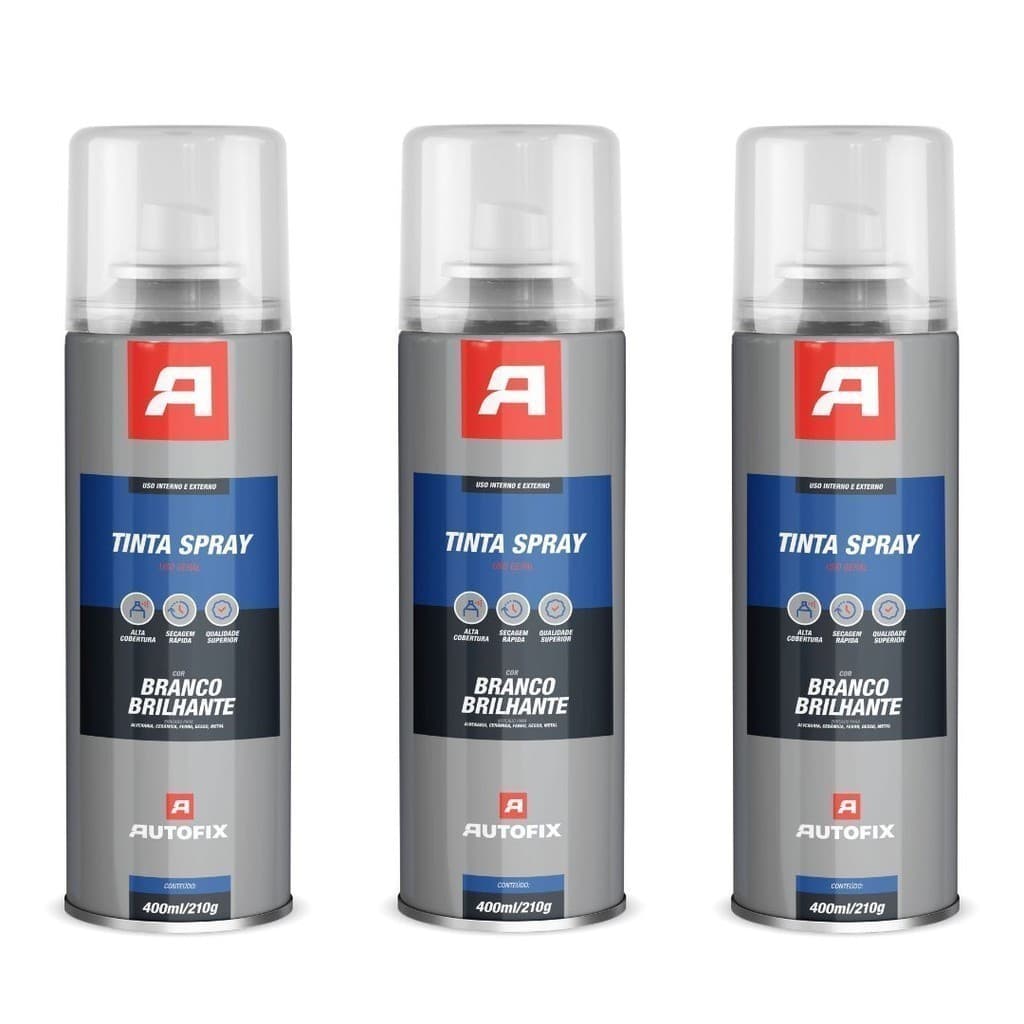 Kit 3 Tinta Spray de pintura Uso Geral 400ml - Autofix 400ml / 210g - Branco Brilhante Ok