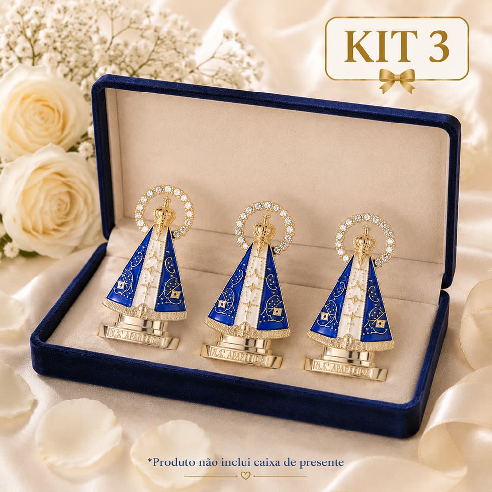 Kit Santinha de Carro Imagem Nossa Senhora Aparecida com Coroa Dourada Metal Enfeite Presente Religioso