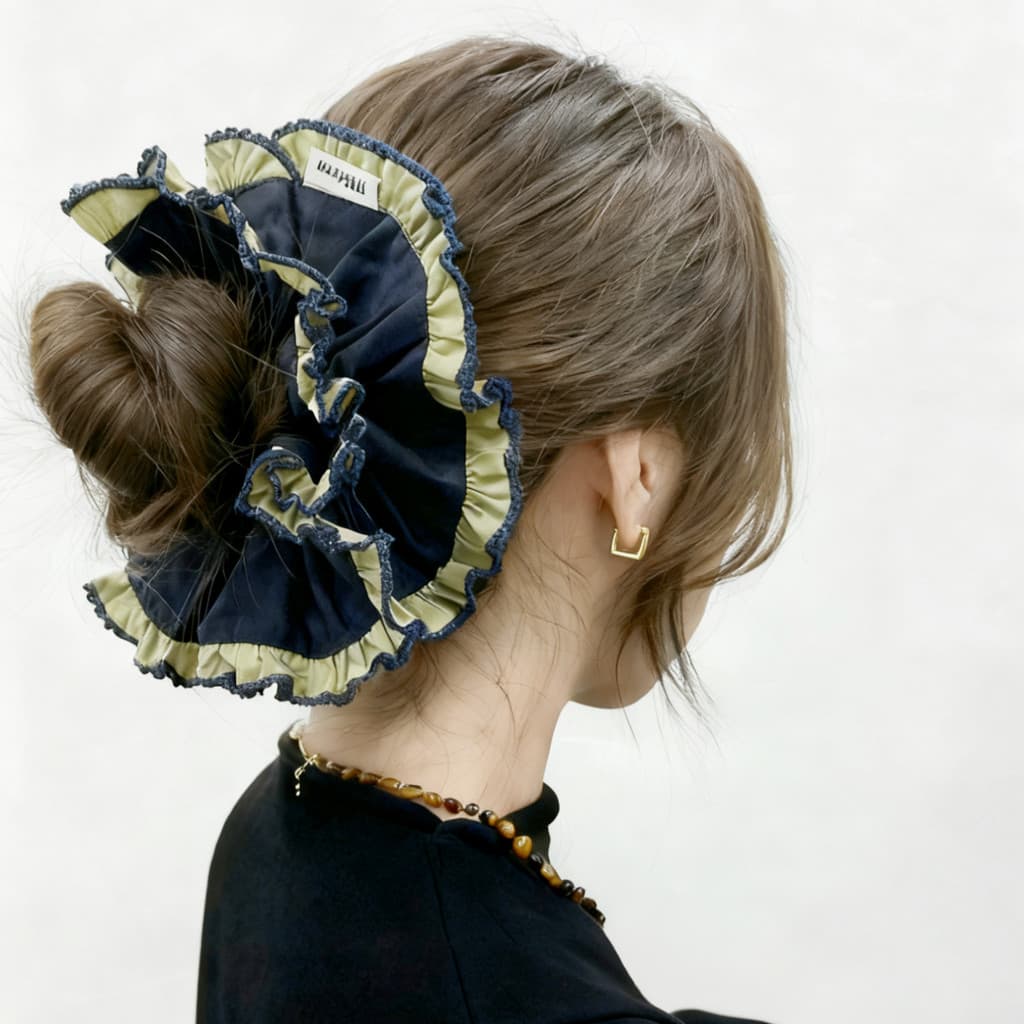 Oversized ~ estilo coreano azul xadrez Scrunchy anel de cabelo feminino High-End bola cabeça estilo preguiçoso cabeça co