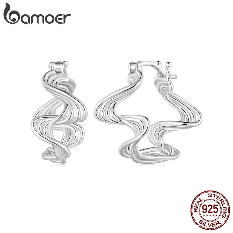 Brincos Simples de Prata para Mulheres Bamoer Wave 925 Estilo Fashion Pure BV2L