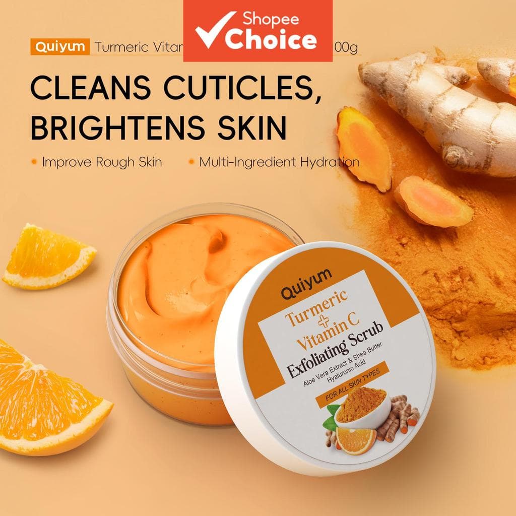 Esfoliante de Cúrcuma com Vitamina C Quiyum 100g – Esfoliante Corporal Hidratante e Clareador para Limpar Cutículas e