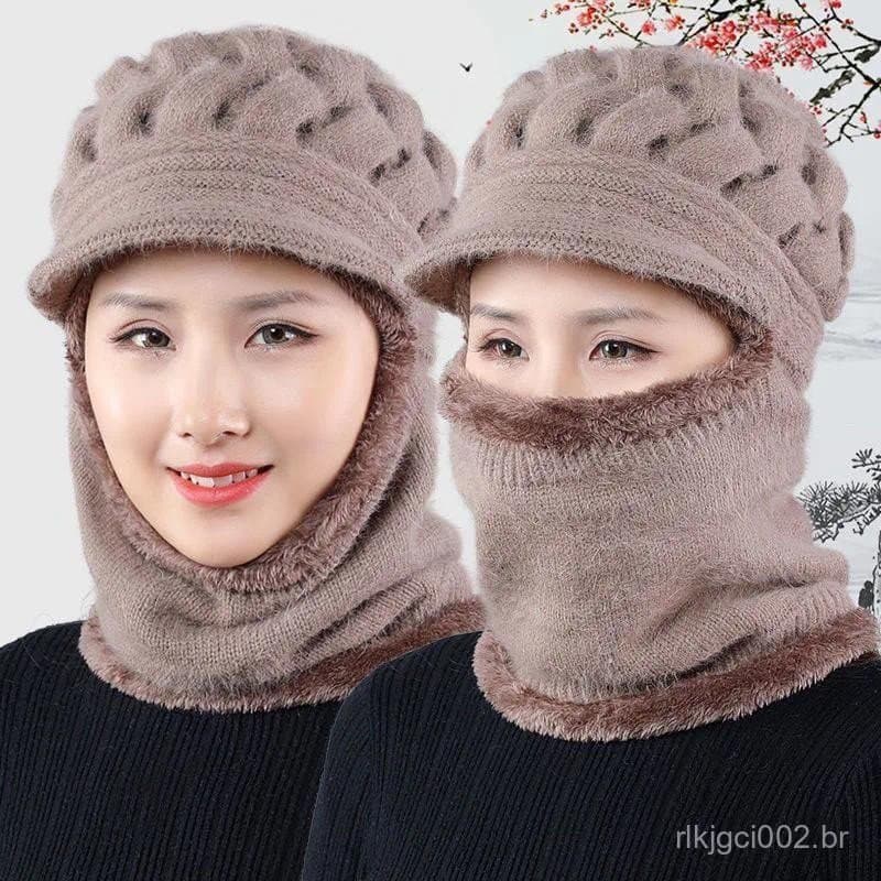 Coral Velo Chapéu De Inverno Gorros Feminino Cachecol Quente Respirável Lã Malha Para Mulher Camadas Duplas Proteção Bon