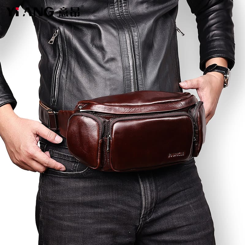 Bolsa de cintura masculina primeira camada de couro mensageiro bolsa Retro couro puro Cross-body peito saco passeio leve