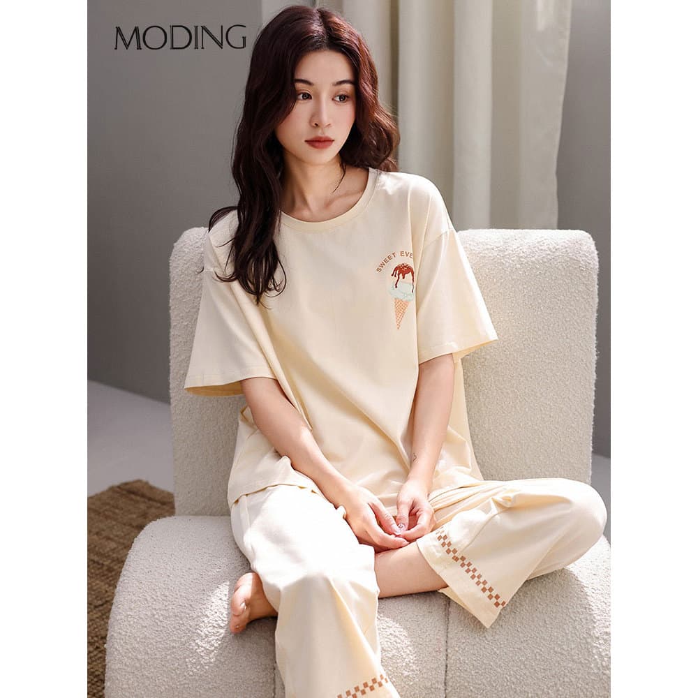 Pijamas de algodão puro feminino outono inverno manga curta calças cortadas simples dos desenhos animados simples Casual