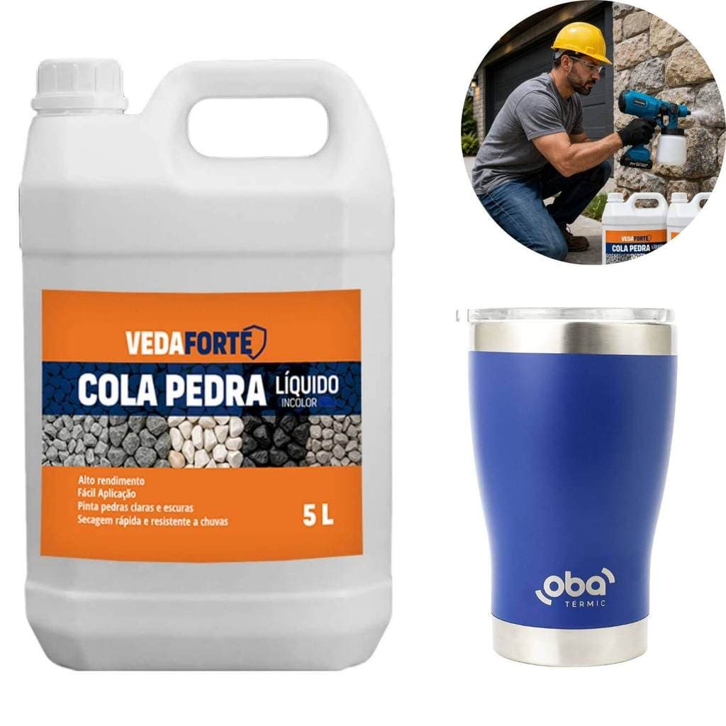 Kit Cola Pedra 5L Veda Forte + Copo Térmico Inox Azul 473ml Genérica Fixador Jardim Litros Pedras Impermeabilizante