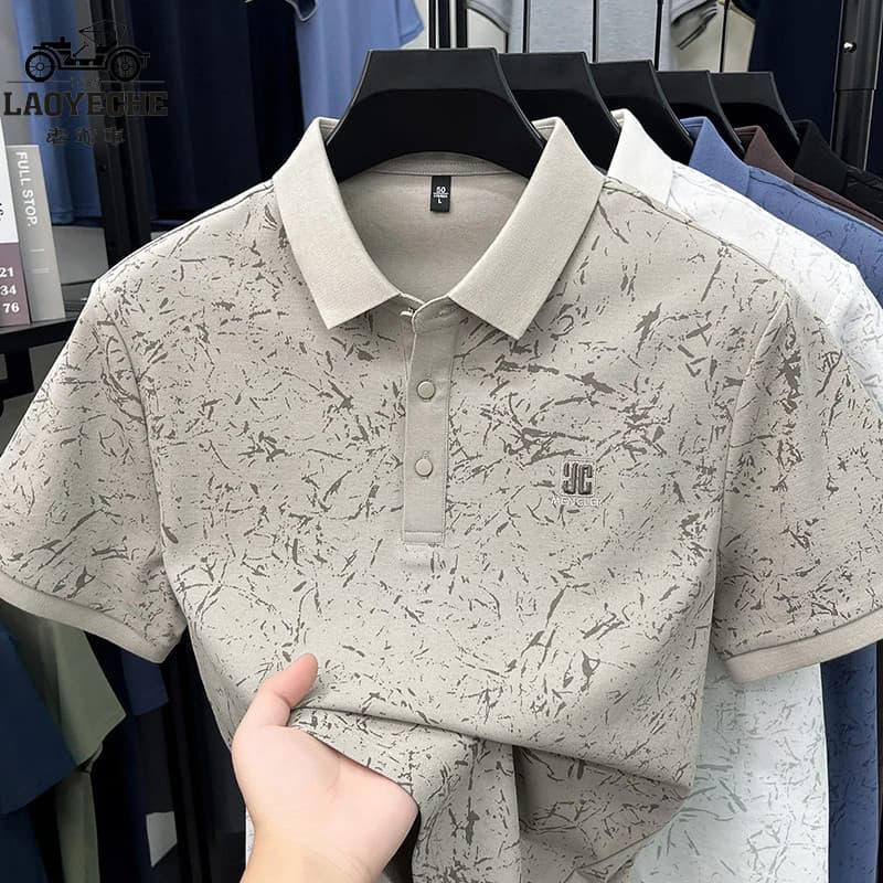 Carro clássico masculino verão novo estilo simples respirável impresso lapela camisa POLO de manga curta negócios Casual