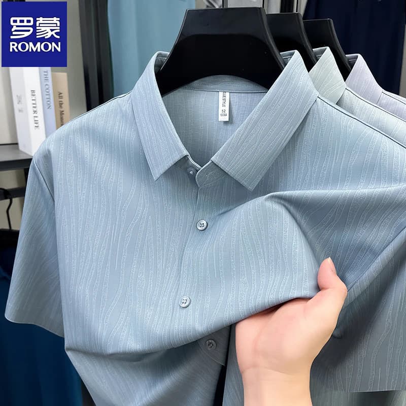 Lomon luz luxo High-End amoreira seda camisa de manga curta masculina moda Casual lapela gelo seda fina camisa de cor só