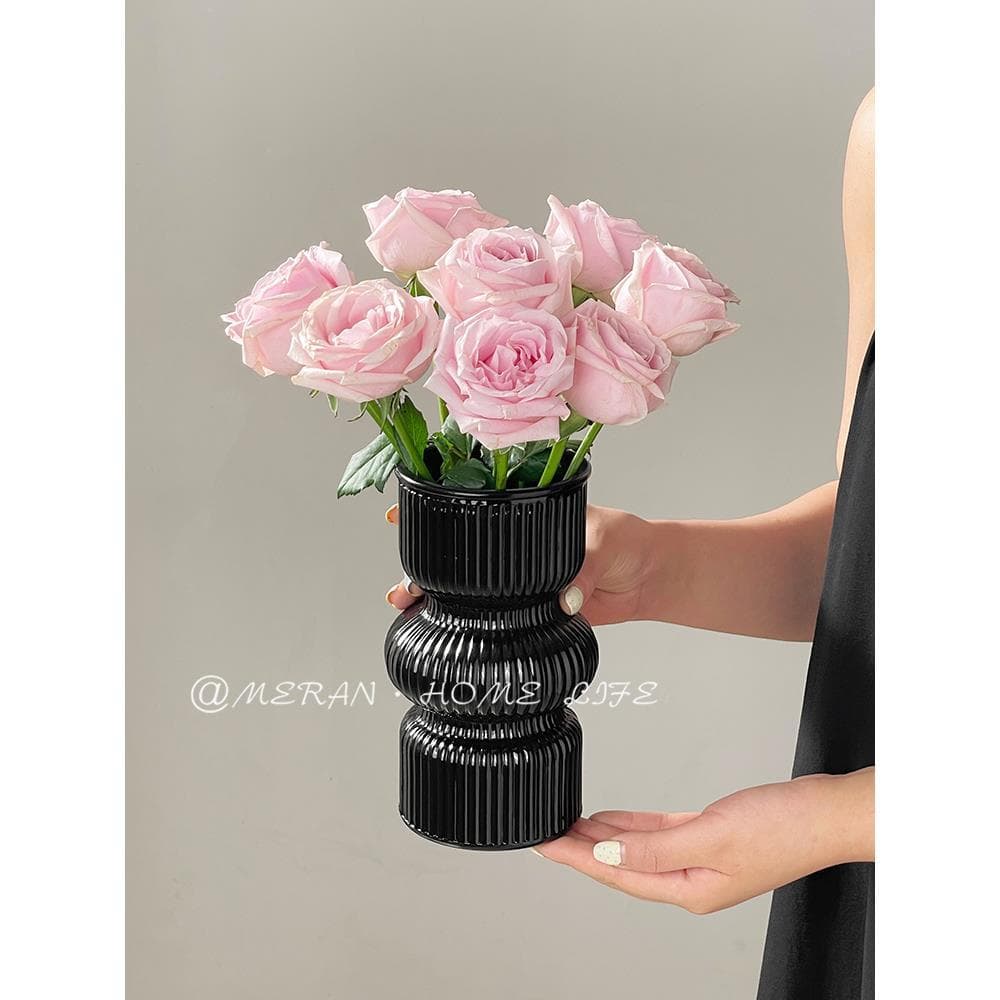 Nicho Medieval francês vaso de vidro preto flores hidropônicas flores secas sala de estar mesa de jantar arranjo de flor
