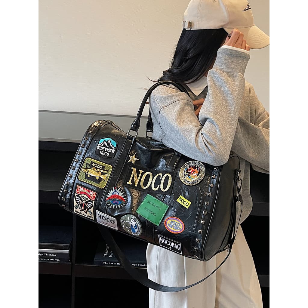 Bolsa de viagem com emblema de grande capacidade, bolsa de textura feminina, esportiva, academia, masculina, viagem de n