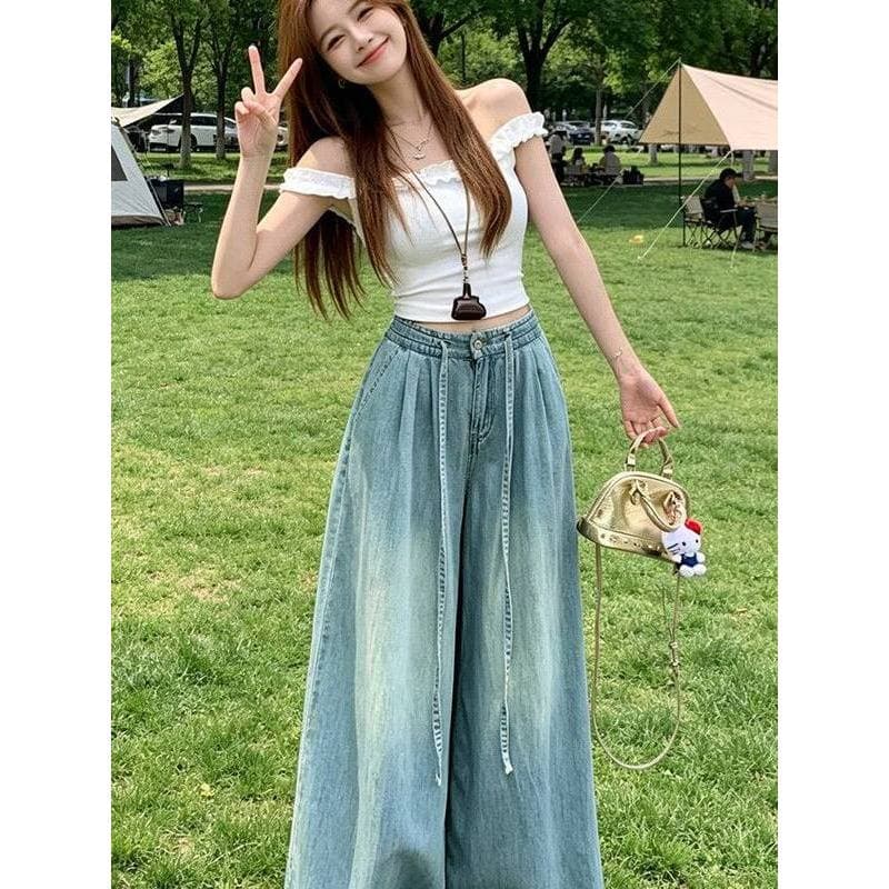 Azul fino cintura elástica cordão perna larga Jeans feminino 2026 verão novo estilo cintura alta moda Drape calças larga