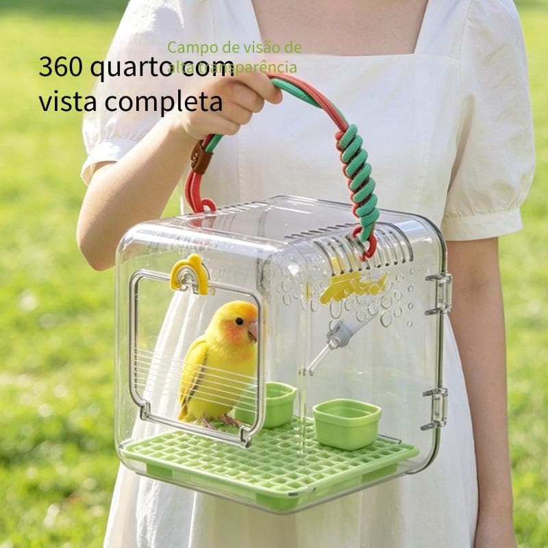 Gaiola de Transporte para Pássaros e Papagaios Bolsa Panorâmica Transparente 360° Portátil com Bebedouro e Comedouro