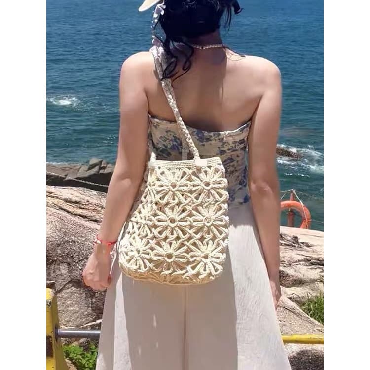 Saco de palha de flor oca ins feminino férias à beira-mar praia lazer fresco tecido à mão bolsa de um ombro