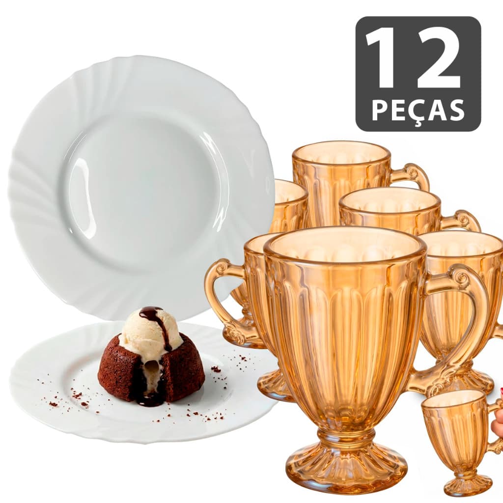 kit jogo 12 peças sendo: 6 prato sobremesa branco + 6 canecas Roma Ambar 190ml
