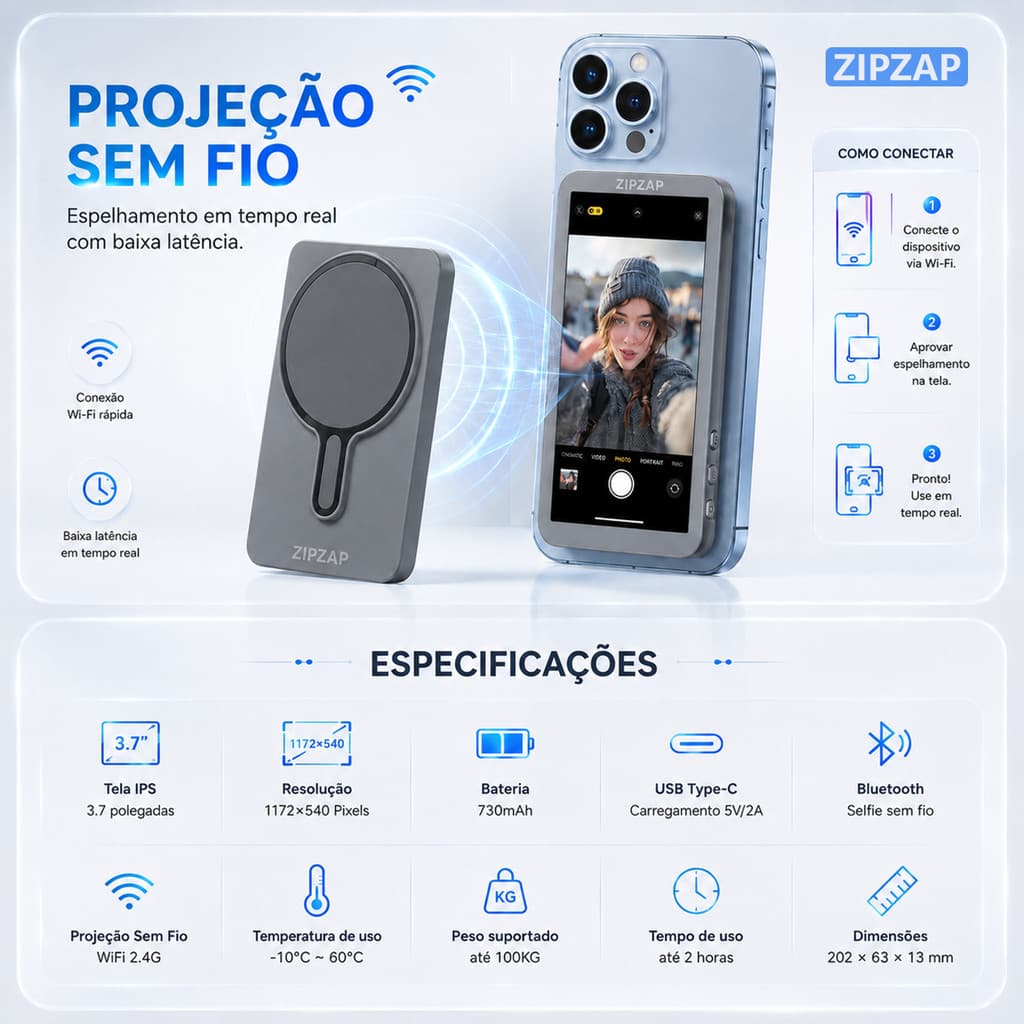 FUSHANG Tela Magnética Sem Fio para Celular MagSafe Selfie Vlog Live Bluetooth Espelhamento Wi-Fi IPS