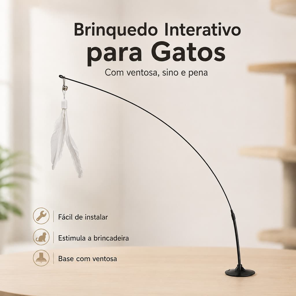Brinquedo Interativo para Gatos com Ventosa Pena e Sino Haste Flexível