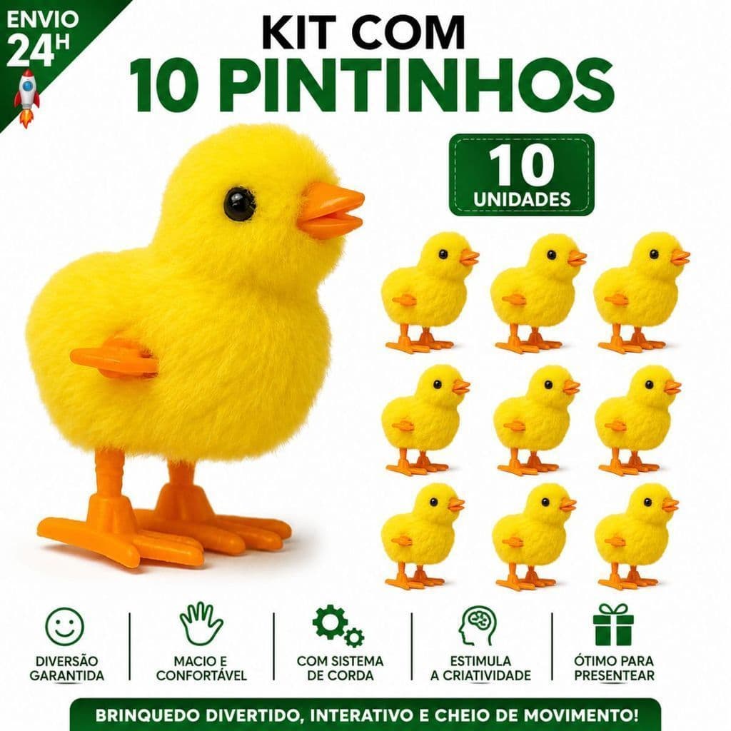 Kit 10 Pintinho Amarelinho com Corda Brinquedo de Pelúcia Infantil Colorido Divertido