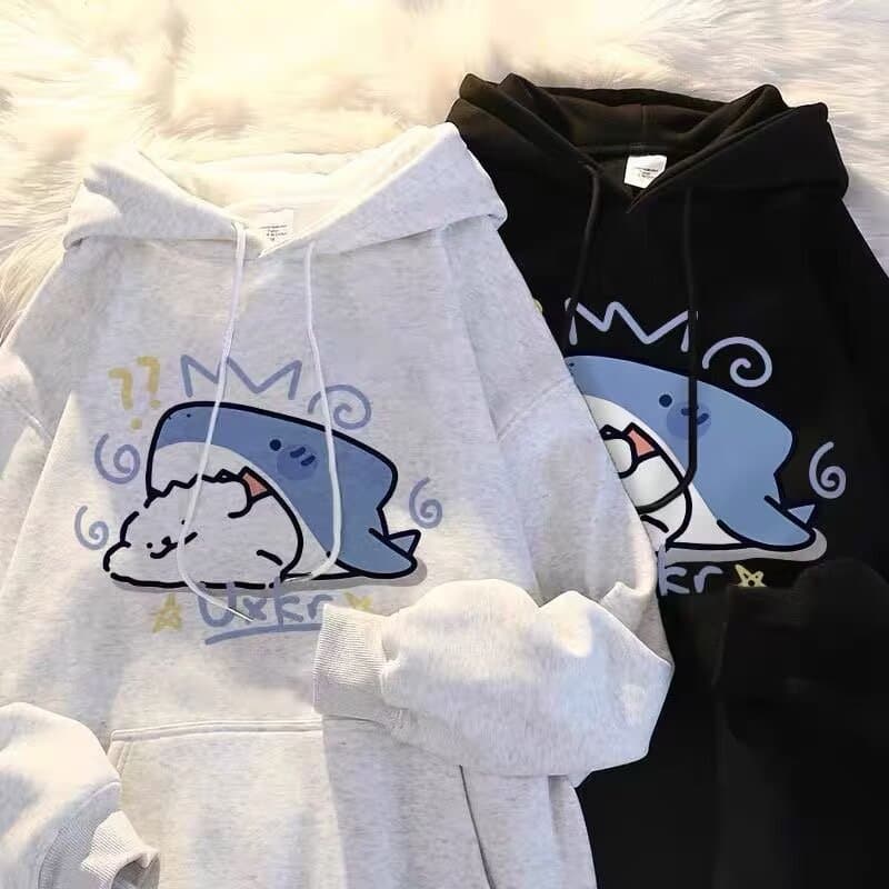 Moletom com capuz masculino forro de lã inverno tubarão impressão adolescente moletom masculino solto todos @