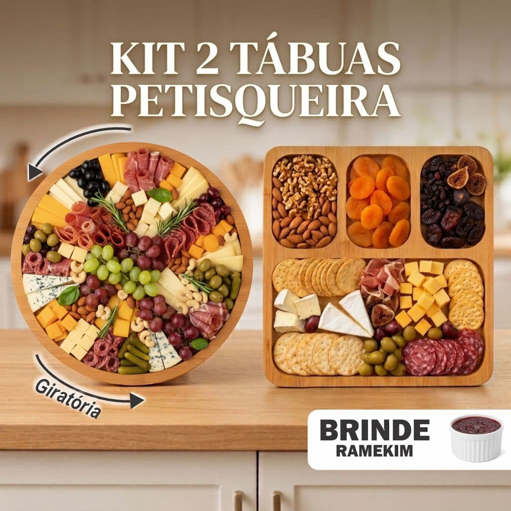 Kit Petisqueira Giratória Redonda + Tábua Quadrada com Ramequim p/ Petiscos Frios e Queijo