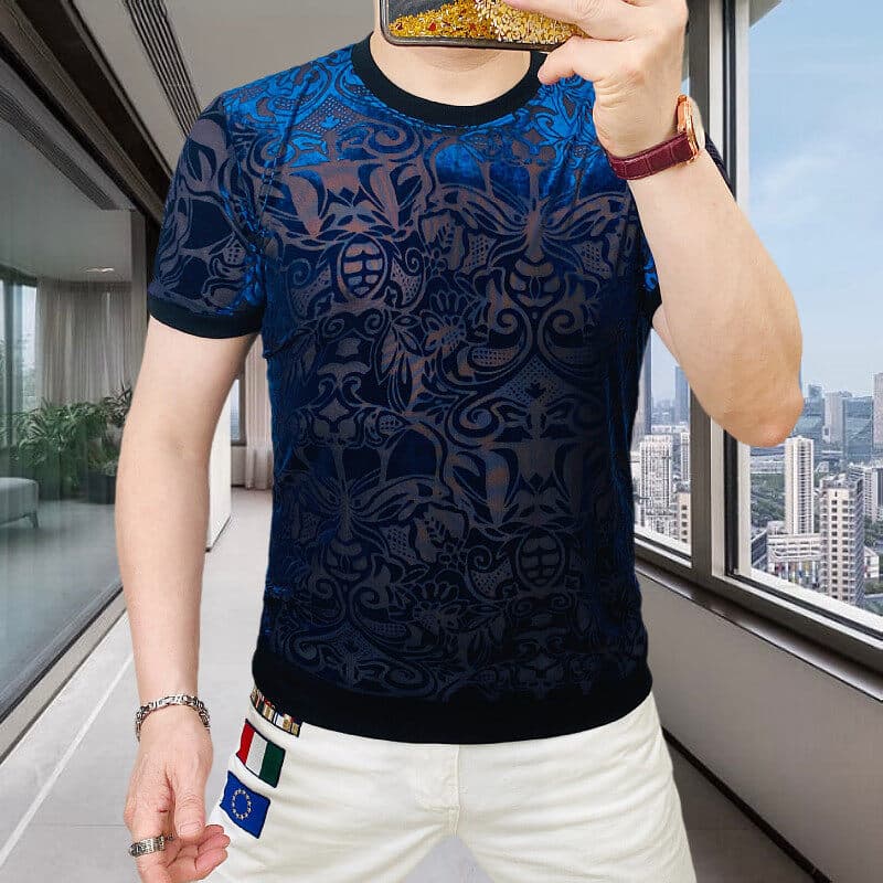Estação Europeia Masculina Roupas Masculinas 5D Reunindo Flor Queimada Malha Oca Respirável Manga Curta Camiseta Gelo Se