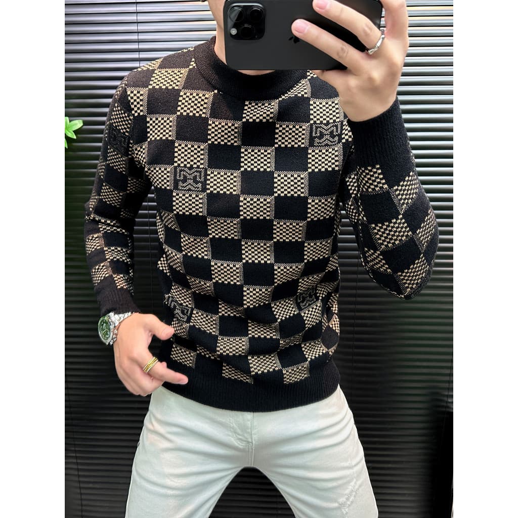 Suéter de produtos europeus de alta qualidade masculino inverno 2025 na moda xadrez moda Slim-fit suéter quente masculin