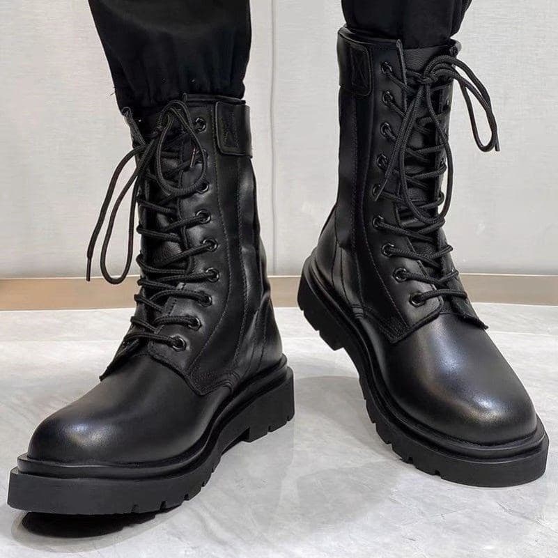 Botas de couro para caminhada ao ar livre, sapatos Martin com zíper, sapatos masculinos de cano alto, botas de neve à pr