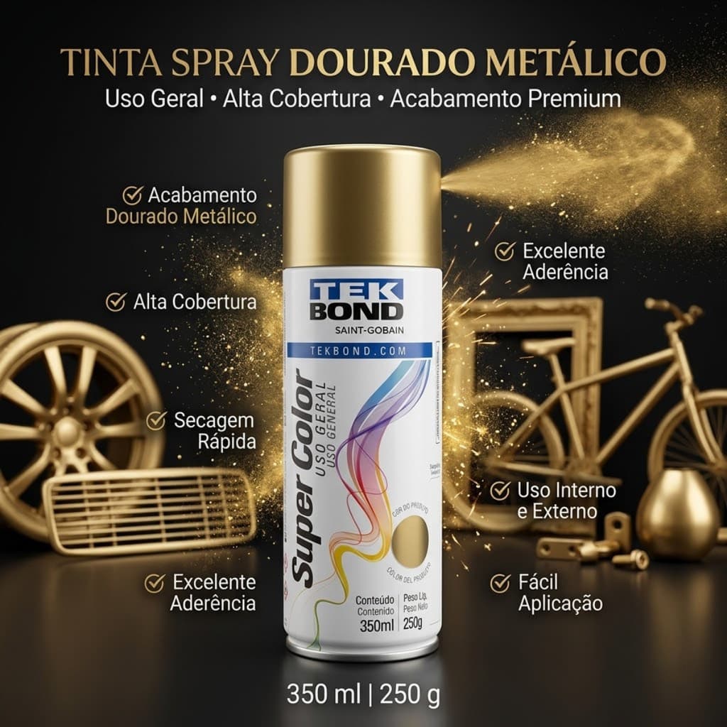 Tinta Spray Aerossol Dourado Uso Geral 350ml 250g Tekbond