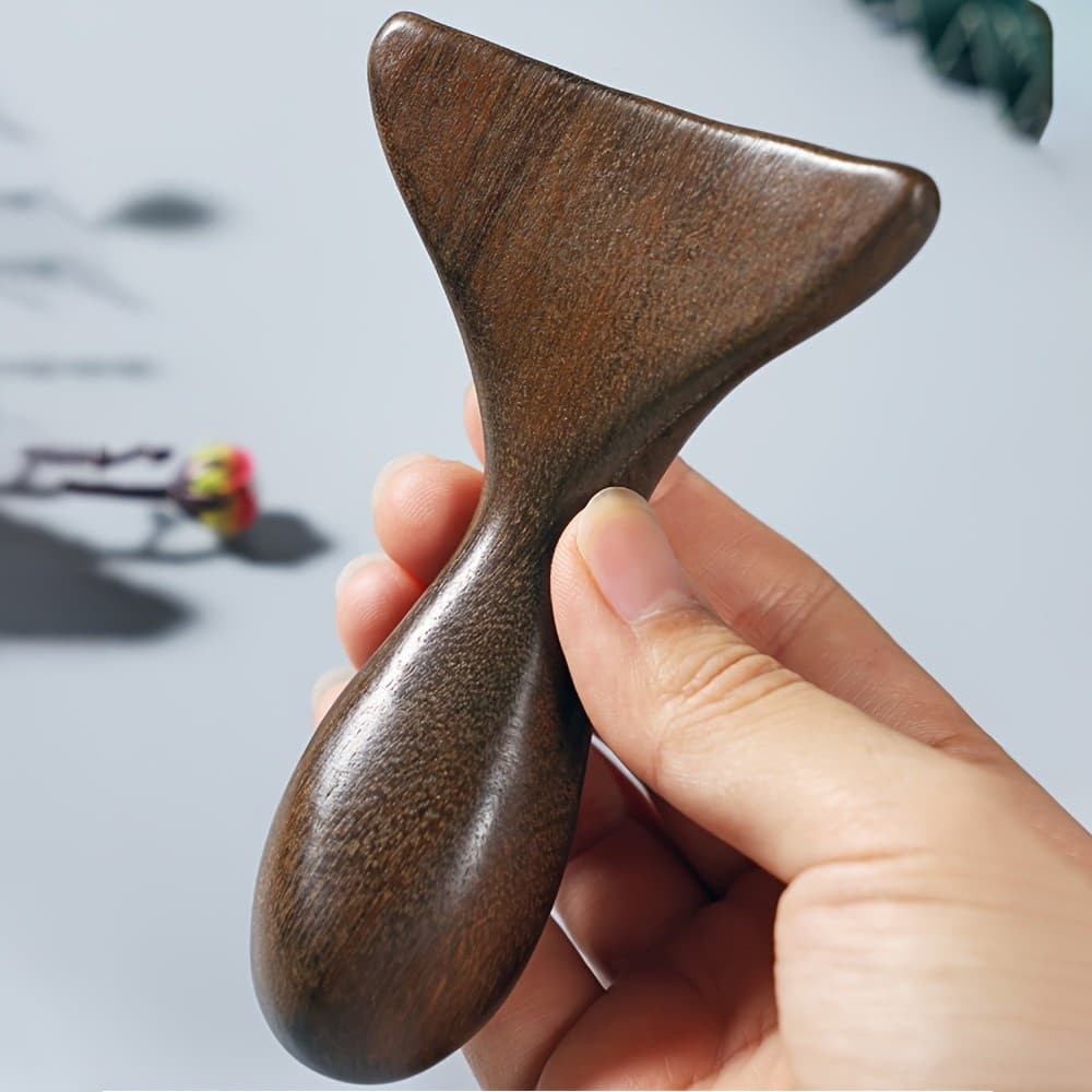 Massageador de Pés - Espátula de Sândalo com Fio Dourado, Placa de Raspagem em Forma de Cauda de Peixe com Cabo, Madeira