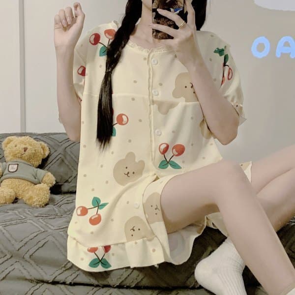 Pijamas femininos doces fofos cereja urso estudante Shorts de manga curta roupa externa Loungewear terno