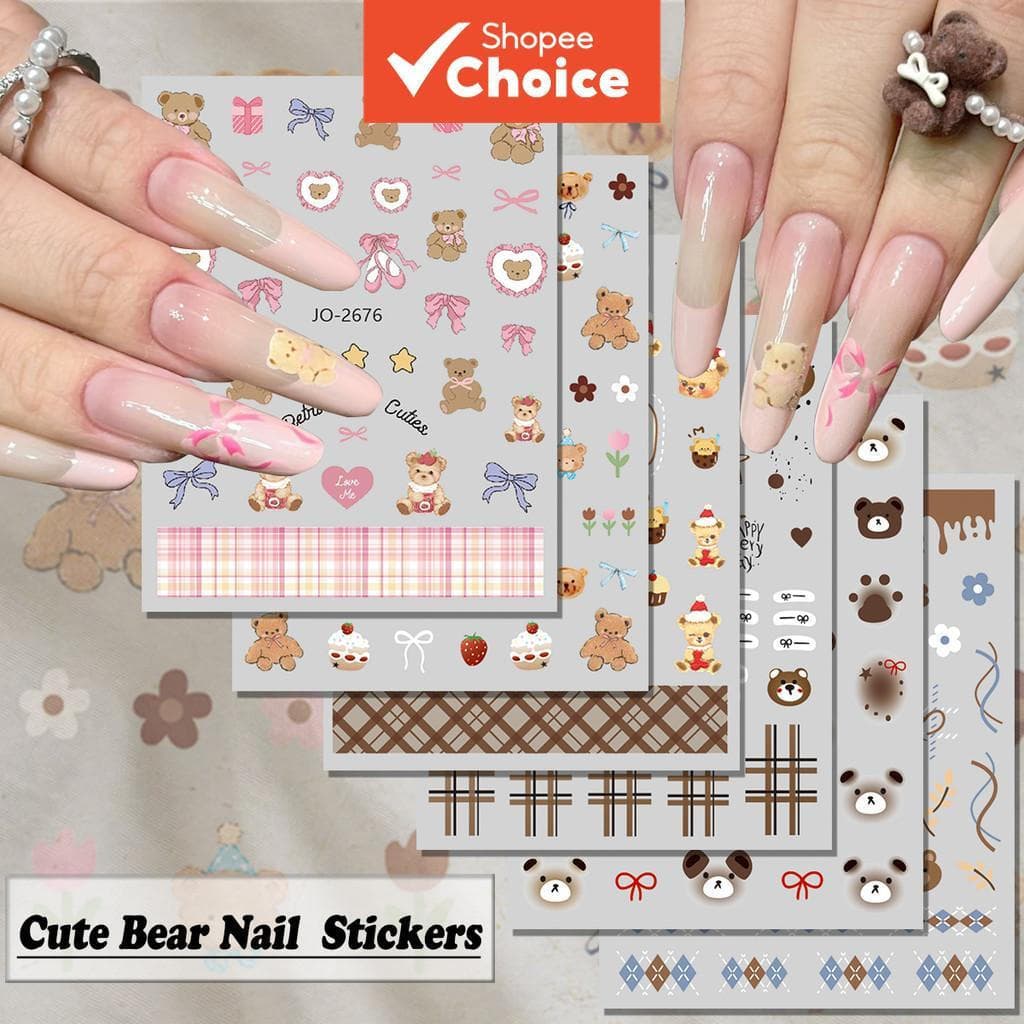 3/6/12 Folhas Adesivos Fofos de Urso para Arte de Unhas, Decorações 3D de Laço, Morango, Coração, Marrom e Rosa, para