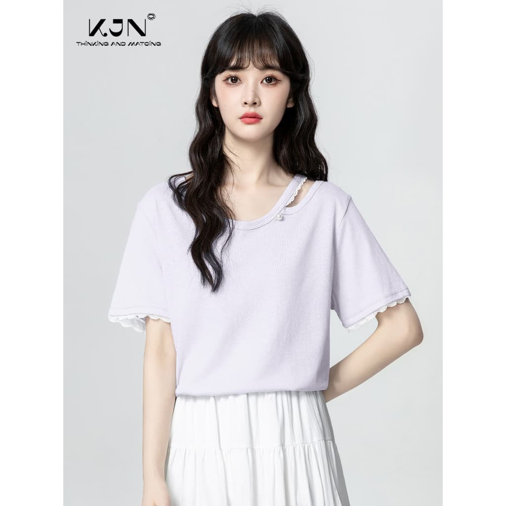 Roxo oco camiseta de manga curta feminina 2026 verão novo estilo renda borda costura solta Formal ombro meia manga camis