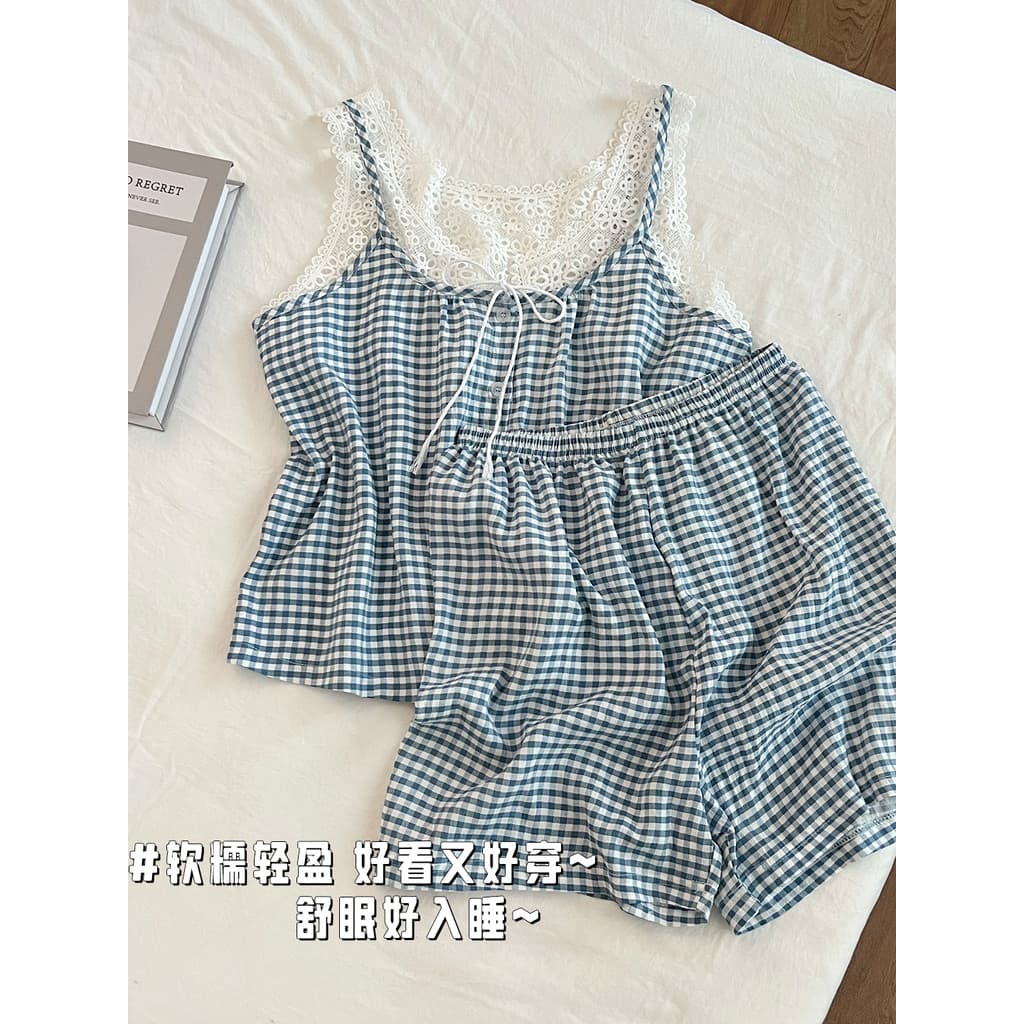 Pijamas femininos verão nuvem algodão estilingue sem mangas 2025 novo estilo listrado xadrez senhoras High-End Homewear