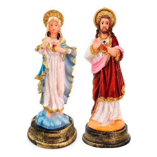 Kit Imagem Do Sagrado Coração De Maria E Jesus De Resina 9cm Escultura Sacra Católica Religioso