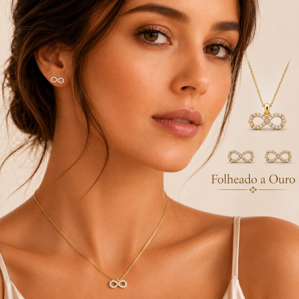 Conjunto Colar e Brincos Feminino Infinito Folheado a Ouro 18k