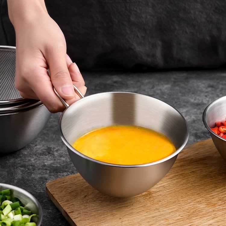 Tigela de cozinha em aço inoxidável 304 com escala, tigela para bater ovos, mini escorredor para preparação de alimentos