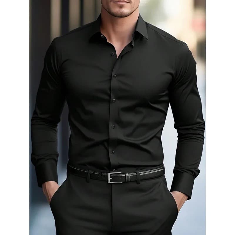 FGKKS Nova Camisa Masculina, Nova, Cor Sólida, Manga Longa, Tecido Elástico, Várias Cores, Camisa Básica Masculina de Qu