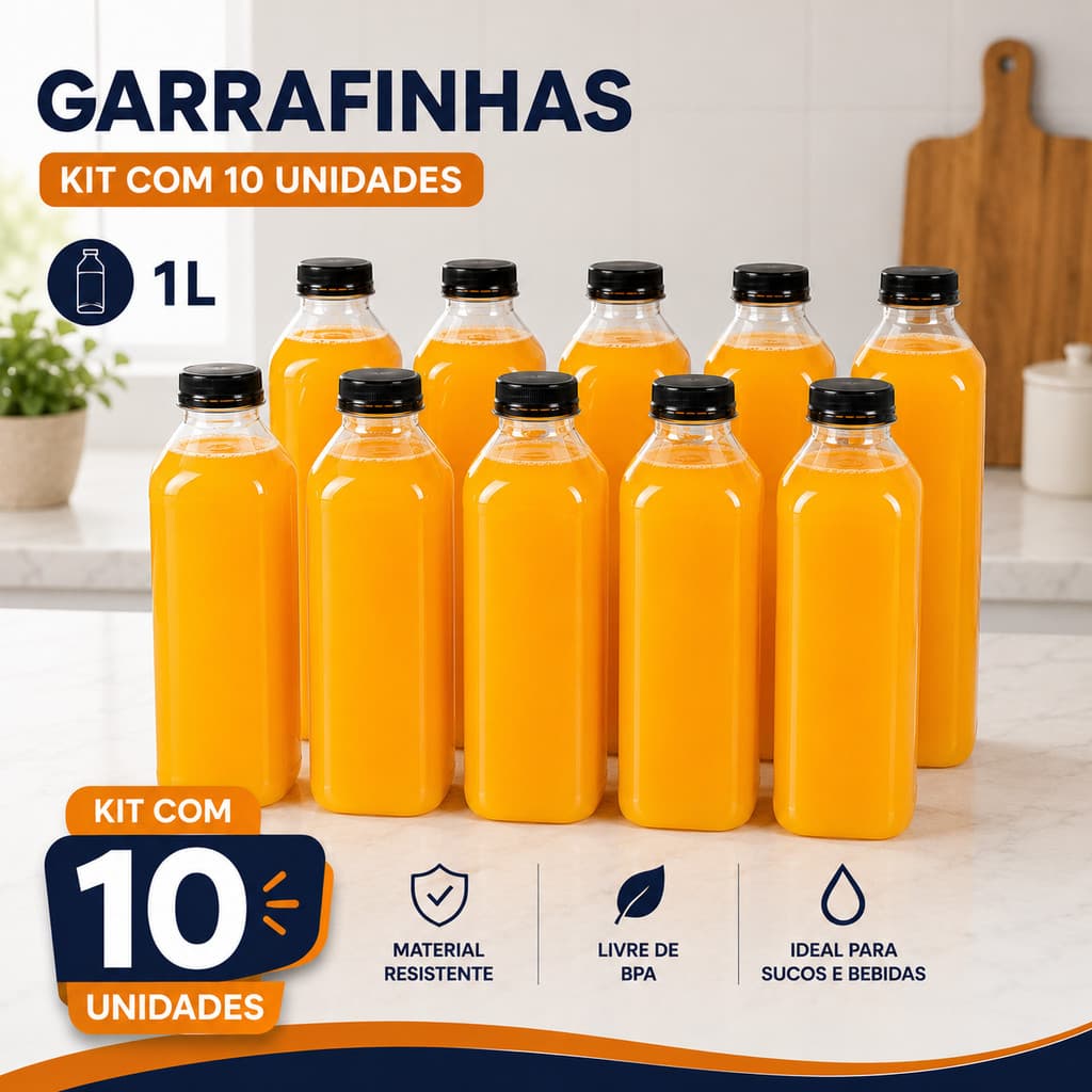 Kit 10 Garrafas PET Tampinha Com Lacre Sucos Açaí Detox 1 Litro