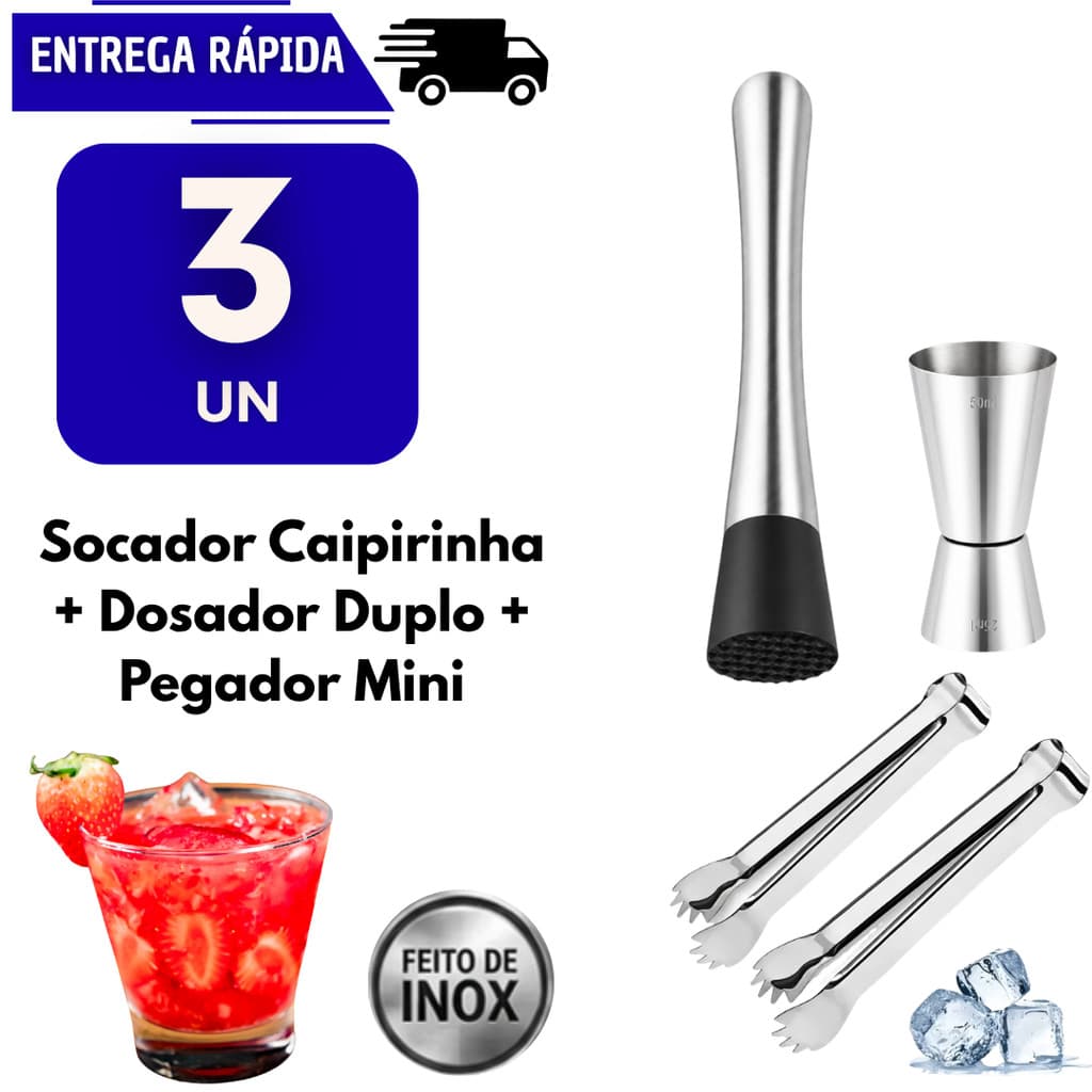 Kit Caipirinha Socador + Dosador Duplo + Pegador De Gelo Inox 25ml 50ml Drinks Bar Barman Bebida Pegadores Drinks