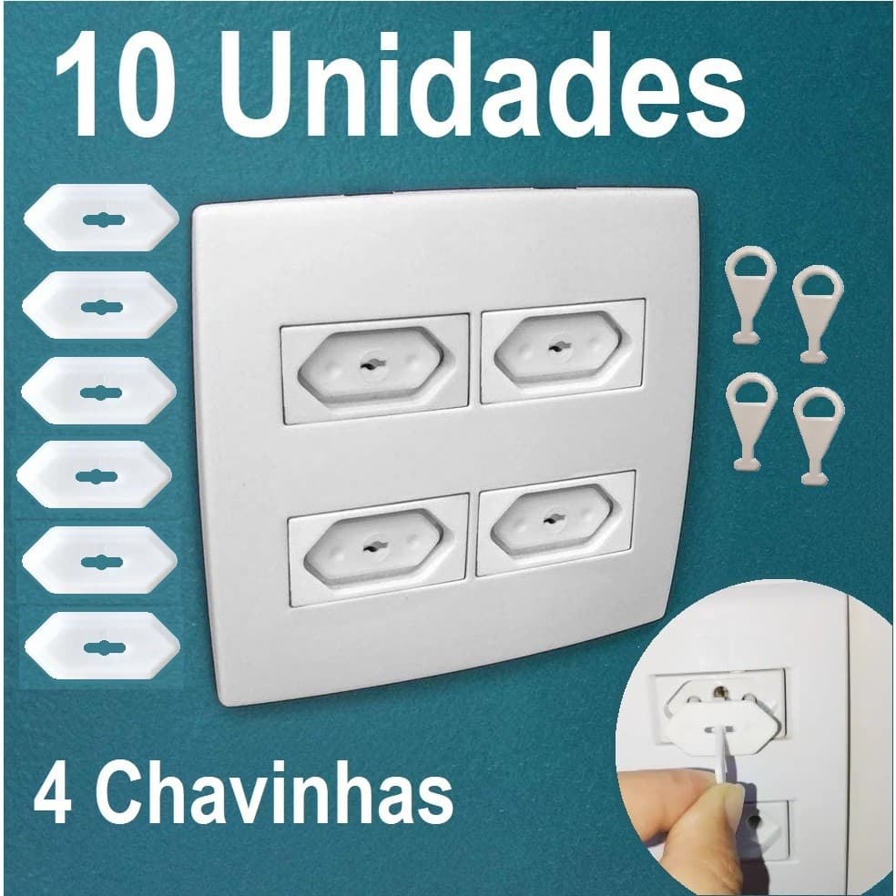 Kit 10/15/20 Protetores de Tomada e 4 Chavinhas Branco Antichoque Bebê Segurança