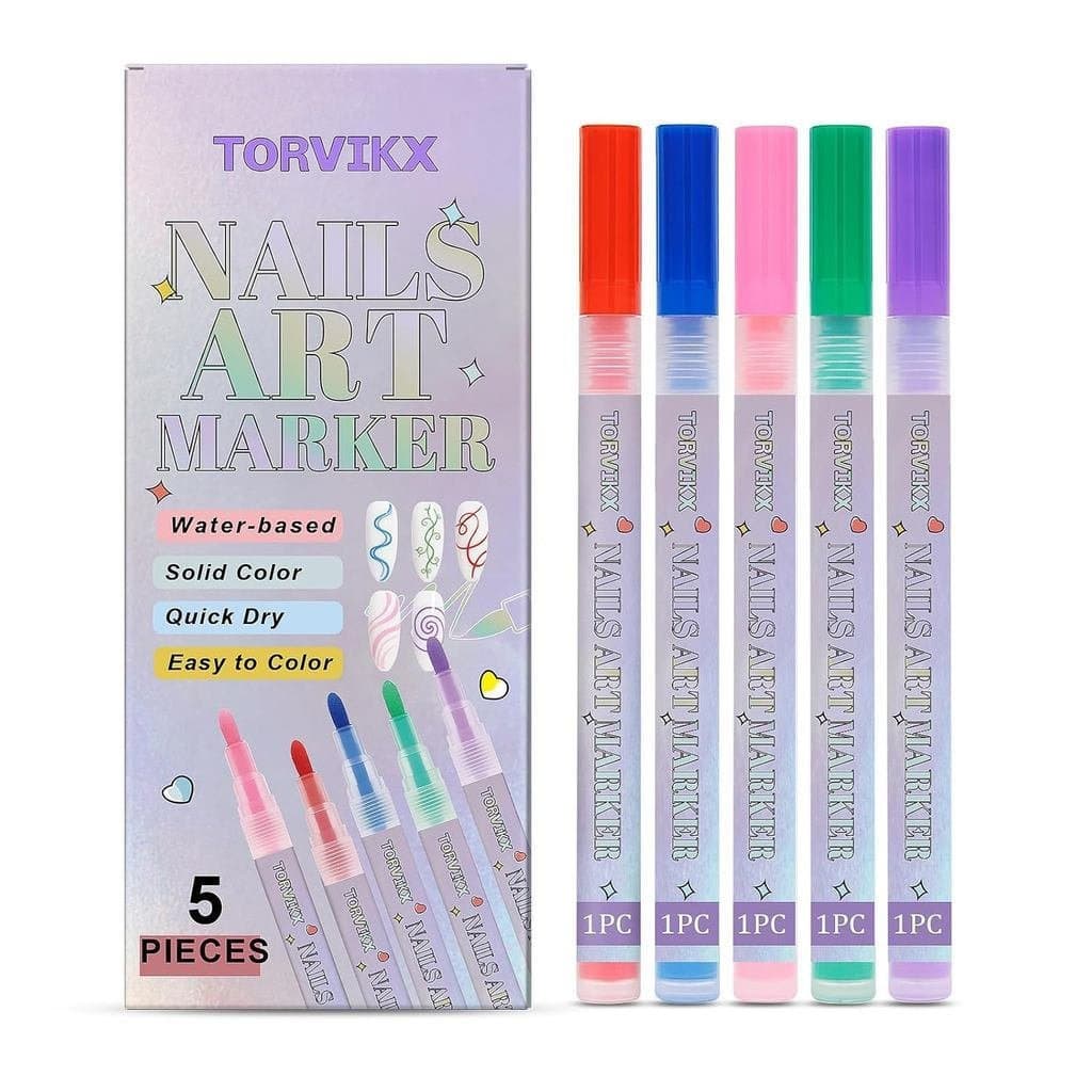 Canetas para nail art de cinco cores, à base de água, usadas para pintura, pontilhamento, graffiti e decoração de unhas.