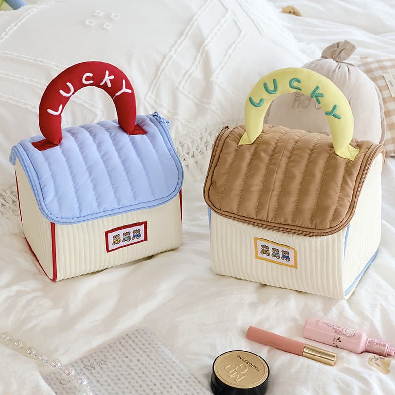 Bolsa cosmética portátil em formato de casa pequena, cor contrastante, poliéster, armazenamento de produtos de higiene p