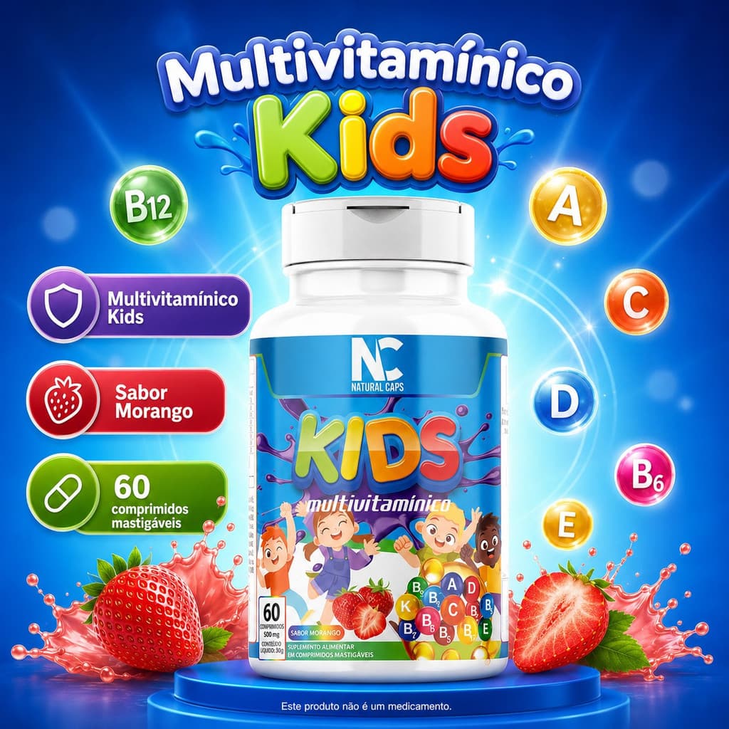 Vitamina Infantil Kids 60 Comprimidos Mastigáveis Morango multivitaminicos