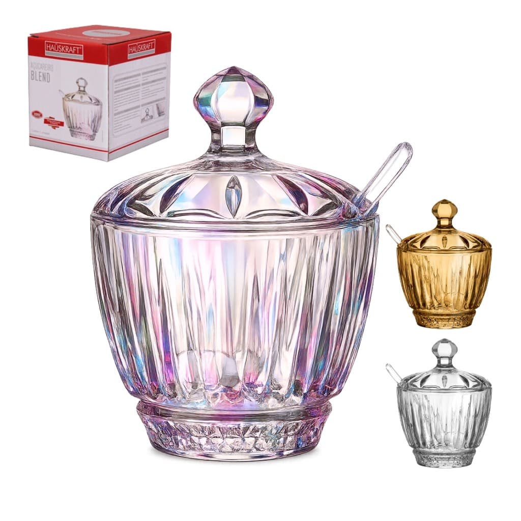 Açucareiro De Vidro Blend Premium Com Tampa E Colher Para Mesa Posta 200ml