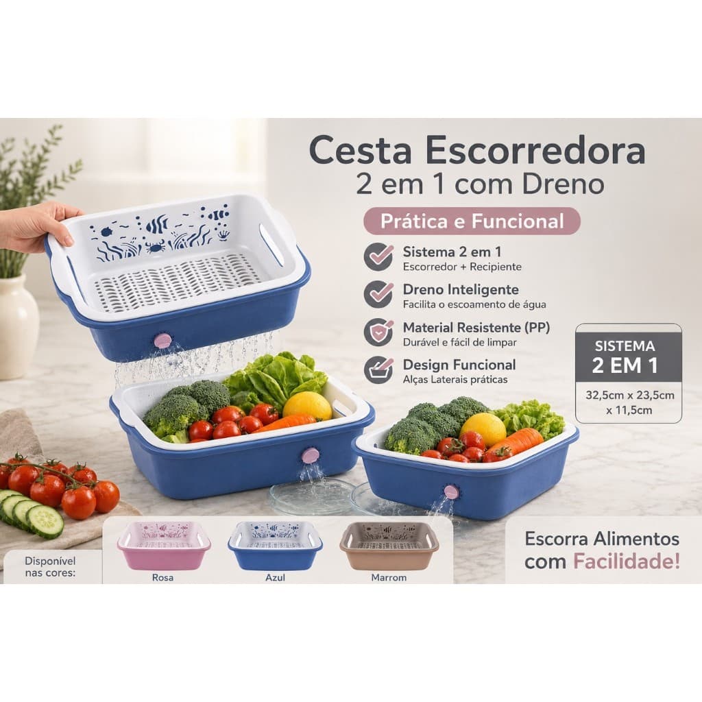 Cesta Escorredora 2 em 1 para Alimentos e Frutas - Praticidade e Funcionalidade para sua Cozinha