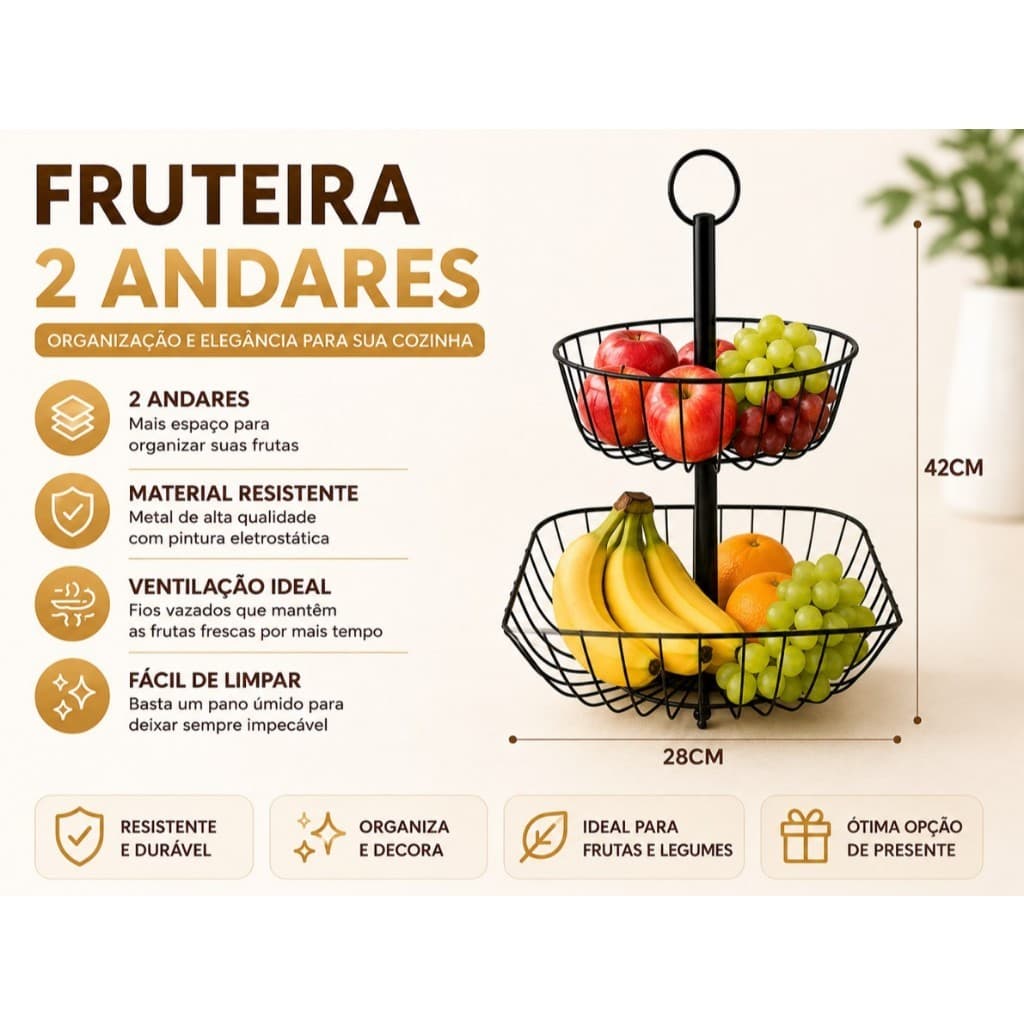 Fruteira 2 Andares Metal Preto para Bancada | Organizador de Frutas Moderno Cozinha