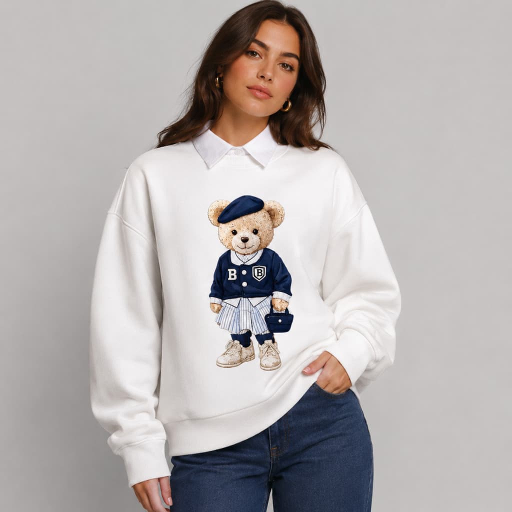 Moletom Gola Careca Algodão Feminino Gola Redonda Urso Tendência Moda Casaco Blogueira Estilosa Premium