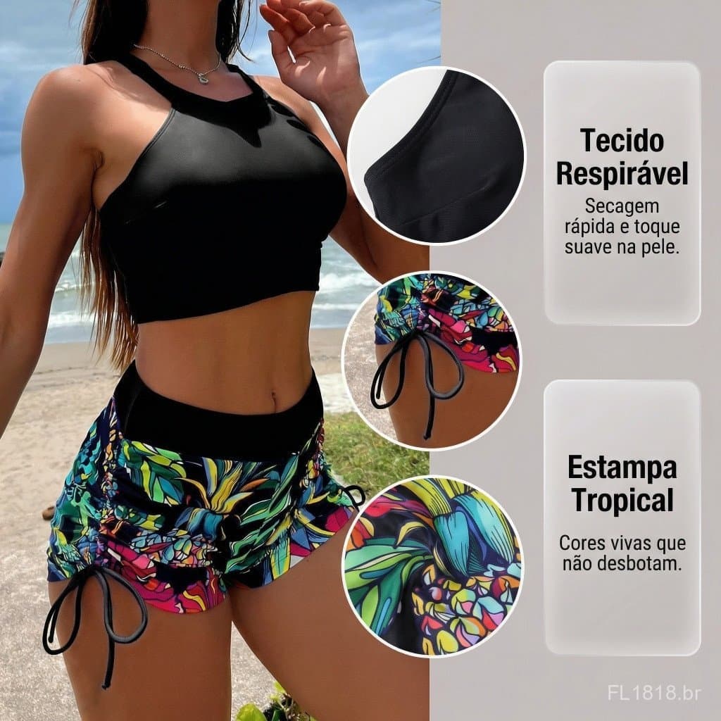 [Flow] Biquíni de Praia Feminino de Três Peças Sem Aro