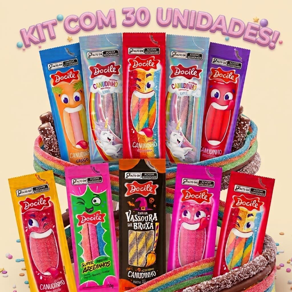Kit com 30un Bala de Gelatina Canudinho Docile tipo Fini Sabores Variados Doce Festa Aniversário Lembrancinha