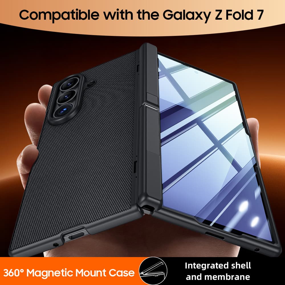 Capa De Telefone Para Samsung Galaxy Z FOLD7 Fold 7 FOLD7 5G Suporte De Dobradiça De Couro Com Filme Espelhado Dobrável