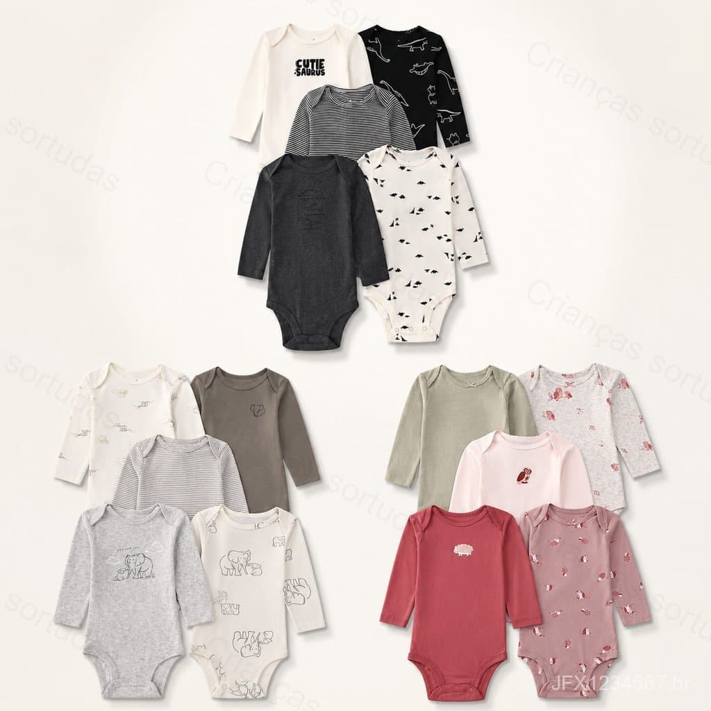 Conjunto de 5 Macacões de Algodão de Manga Longa para Bebês Meninas de 6 a 24 Meses